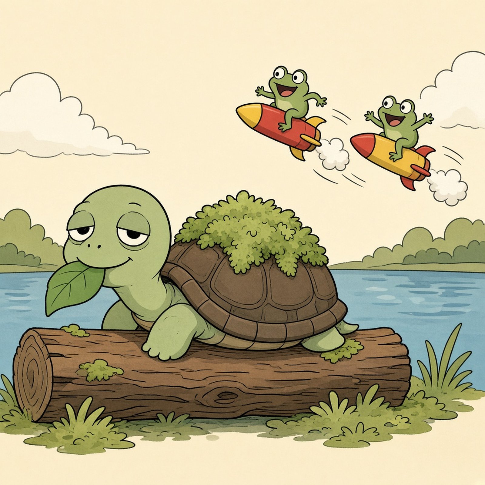 Mossy the turtle chewing a leaf on a log while frogs on rockets zoom past